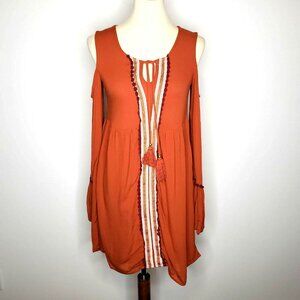 Xhilaration Womens Rust Cold Shoulder Bell Sleeve Boho Dress Size XS